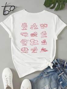 Heart Sketch Italian Food Pattern Letter Print Short Sleeve Round Neck Casual T-Shirt Top For Women, Suitable For Summer And Spring
