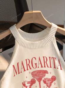 Zomer Nieuwe Ronde Hals Dames Wit Halter Goblet Print, Eenvoudig Stijlvol, Geschikt Voor Woon-werkverkeer, Zomer Dames Tops