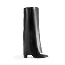 Women's Knee-High Boots, Comfortable Chunky Block Heel Pointed Toe Pull On Side Zipper Suede Slouch Riding Boots - Black - View 4