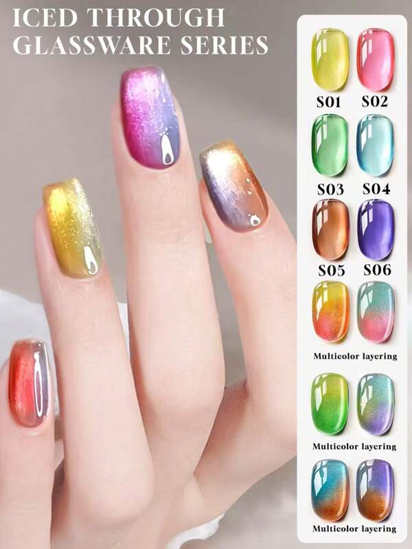 Miss Leia 6 Stücke Set 15ML Frühling/Sommer Jelly Dopamin-Bonbon Regenbogen-Glasur Makaron Farbserie Gel Nagellack, Beliebte Aufhellungs-Eis-Transparente Glaskugeln, Kleine Glühbirnen Katzenaugen Farben