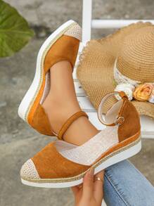 2025 New European & American Fashion Plus Size Wedge Heel Sandals, Jute Splice Roman Sandals, Comfortable & Lightweight Strap Solid Color Ladies Shoes For All Seasons