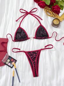 两件套女士性感圣诞红色豹纹内衣套装，红色豹纹系带露背文胸，心形金属拼接薄纱花卉面料浪漫内衣套装 - 紅色 - 查看 3