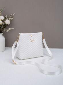 Neue modische Wellen Muster Steppnaht Kunstperlen Dekor Damen Schultertasche, Umhängetasche im Eimer-Stil, kleiner quadratischer Tagesrucksack mit verstellbarem Riemen