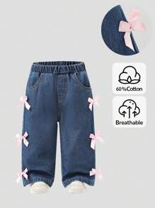 女婴蝴蝶结细节直筒牛仔裤，带口袋，甜美可爱，适合外出、居家、聚会，百搭 - 藍色 - 查看 1