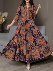 中东、阿拉伯、休闲、波西米亚、刺绣、文艺、复古、度假旅行长裙，端庄 - 彩色 - 查看 1