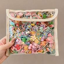 60-100pcs/Set Girls Cartoon Animal, Flower, Fruit Design Hair Bands, Hair Scrunchies, Korean Style Cute Mini Decorative Hair Accessories Set, Festival Gift Home Bathroom Decor Summer Back To School