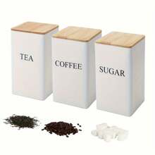 3pcs Coffee, Sugar Storage Set With Bamboo Lid, Metal Food Storage Containers For Tea, Coffee, Sugar, Candy, Kitchen Organization
