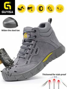 GUYISA Men's Shoes Steel Toe Anti-Smash Anti-Puncture Suede Leather Welding Shoes High-Top Lace-Up Flat Gray Shoes, All Season