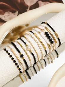 12pcs/Set Handmade Black Crystal Look Fashion Bracelets Set, Beads Woven Faux Pearl Bracelet Set For Women