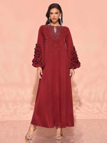 Solessence 手工制作的3D花卉装饰优雅阿拉伯风格女士连衣裙，端庄大方 - 酒紅色 - 查看 4