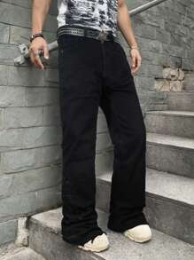 Jeansy Streetwear Wide Leg Men, Patchwork Water-Wash Casual Straight Leg Pants, Markowe spodnie z rozdartymi nogawkami