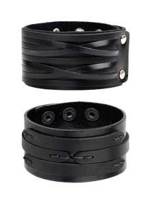 Black Punk Rock Style Layered Bracelet Wide PU Leather Wristband Bracelet - Adjustable, Edgy Fashion Punk Bracelet For Men Couples And Party - Black - View 7