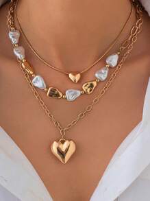 1 Set Baroque Style Heart Tassel Pendant Necklace, Asymmetrical Flat Faux Pearl Necklace Set For Women, Fashionable 3pcs Party Versatile - One Size - View 4