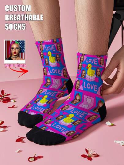 Customized Yellow Duck & Heart Icon Sports Socks, Breathable Comfortable Casual Socks, Minimalist Fashion Sports Socks, Suitable For Outdoor Fitness, Basketball, Running