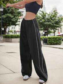 hoteel Drape Bella Style Side Striped Pants Stitching, Loose Casual Elastic Waist Wide Leg Straight Trousers, Women's Clothing - 黑色 - 查看 3