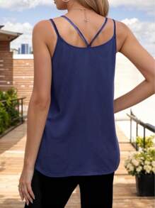 Women's Basic Blouse With Crossed Straps And V-Neckline - Navy Blue - View 4