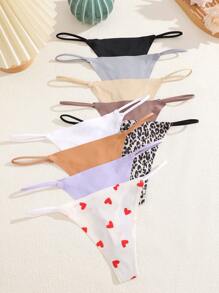 9pcs/Set Women Breathable Low-Rise G-String Panties, Featuring Heart & Leopard Print, Sensitive Waistband, Seamless Bikini Briefs, Sexy Lingerie - Multicolor - View 3