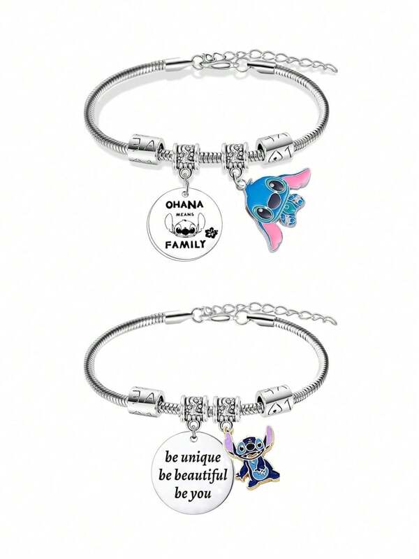 Disney 1/2 piezas Pulsera con cadena de hueso de serpiente y placa metálica redonda grabada con el personaje Disney Lilo & Stitch