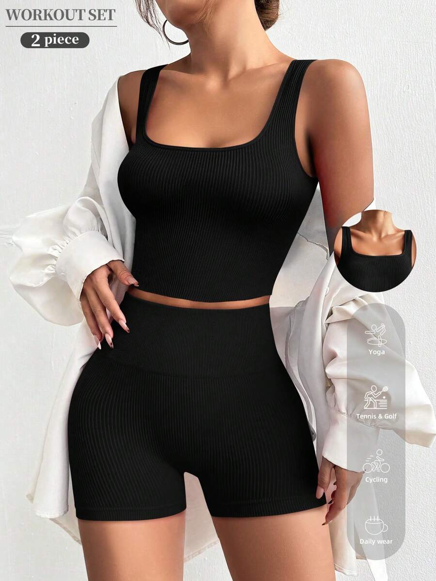 VVX Womens Workout Sets - Seamless Ribbed Yoga Outfits Sports Bra High Waist Shorts Gym Athletic - 黑色 - 查看 1