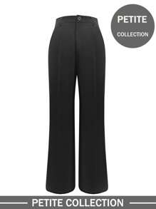 Women's Petite Solid Color Front Button Casual Slim Straight Leg Pants Trousers, Elegant For Commuting - Black - View 4