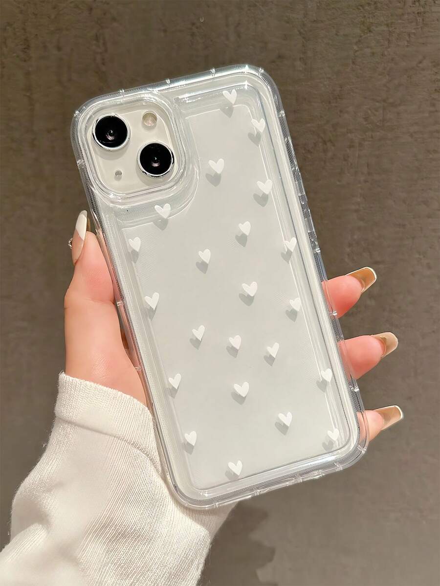 1 件简约白色心形图案气垫全覆盖防震 TPU 手机壳适用于 Apple iPhone 16、15、14、13、12、11 Pro Max 和系列
