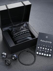 4-55 件休闲复古嘻哈不锈钢和皮革首饰套装，项链、手链、戒指、锆石耳环，适合男士、情侣、日常佩戴、约会、派对、父亲节礼物（无盒） - 彩色 - 查看 13