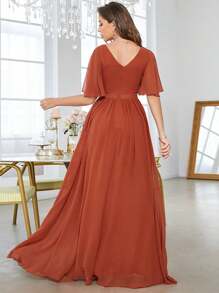 V-Neck Flare Short Sleeve Pleated Chiffon Bridesmaid Maxi Dress - Burnt Orange - View 2
