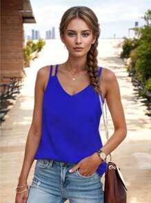 Women's Basic Blouse With Crossed Straps And V-Neckline - Blue - View 3