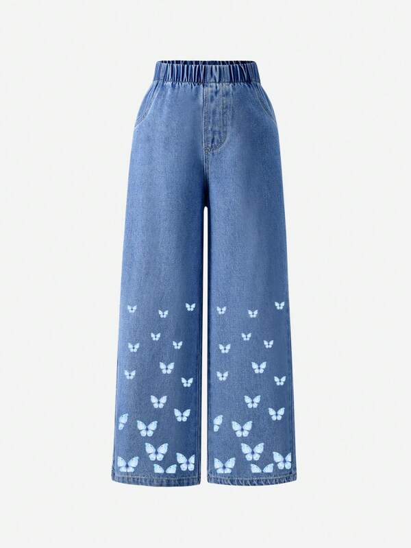 Tween Mädchen – Blaue Jeans mit geradem Bein und Dreamy Butterfly-Muster in mittlerer Waschung