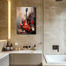 1pc Music Wall Art Framed Wall Art, Wrapped Canvas Poster Vintage Prints, Abstract Painting Red Guitar, Perfect Gift Decor, Wall Art For Living Room Bedroom Office, Hanging Hardware Included - Framed, Vertical