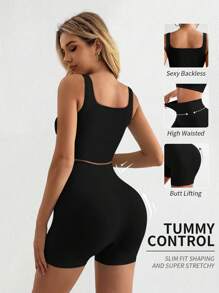 VVX Womens Workout Sets - Seamless Ribbed Yoga Outfits Sports Bra High Waist Shorts Gym Athletic - 黑色 - 查看 4