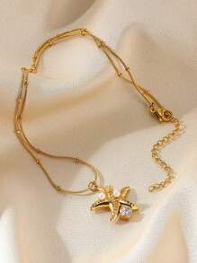 Elegant Stainless Steel Cubic Zirconia Starfish Pendant Necklace, 18K Gold-Plated Anti Fading Faux Pearl Necklaces For Women, Golden Waterproof Jewelry Beach Vacation Accessories, Gifts For Mom/Best Friend/Daughter