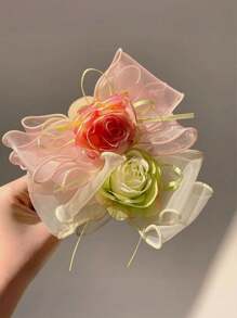 1 件女士大号飘逸网状蝴蝶结复古玫瑰发夹，法式发髻装饰发夹，春夏度假风