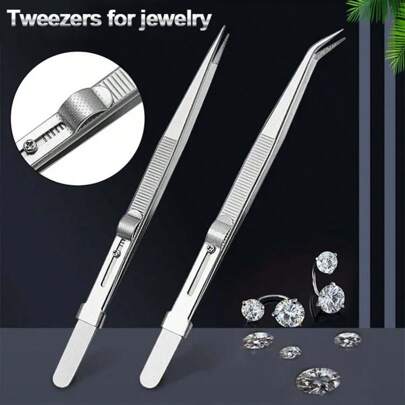 Jewelry Tweezers, Non-Slip Jewelry Pliers Stainless Steel Pointed Tweezers With Slots, Specialized For Gemstones And Diamonds, Adjustable Sliding Lock Static-Free Tweezers, Electronic Component Repair Tool