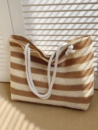 Nouveau sac en paille de grande capacité au style rayé tissé. Sac cabas tressé style plage pour femmes avec bandoulière. Sac en paille tissé bicolore pour femmes, grande capacité, parfait pour les vacances, la plage et les courses quotidiennes