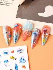 6PCS Blue Ocean Jellyfish Nail Art Decals 3D Seahorse Charms Sea Shell Nail Sticker Self-Adhesive Summer Foil Sliders For Manicure