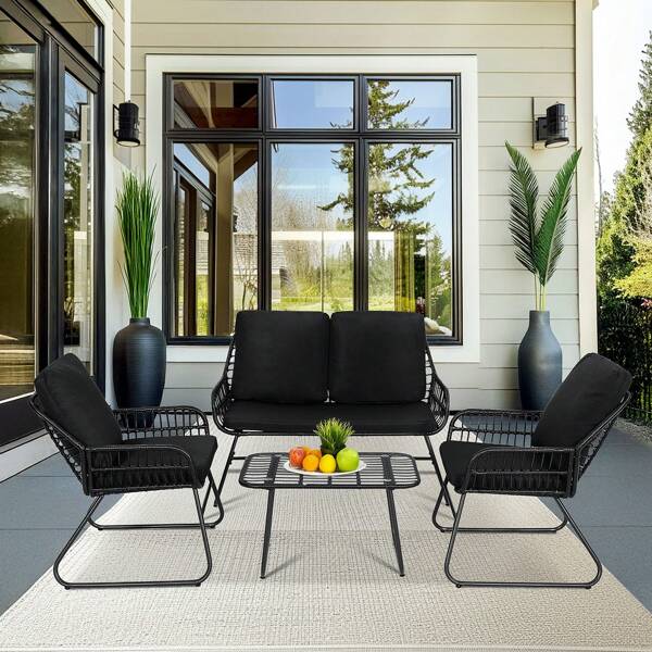 Outdoor Patio Furniture Set,Patio Conversation 4 Pieces Set,Rattan Wicker Bistro Sets With Loveseat Chairs And Modern Coffee Table For Backyard Deck Balcony And Garden Lounge Spaces