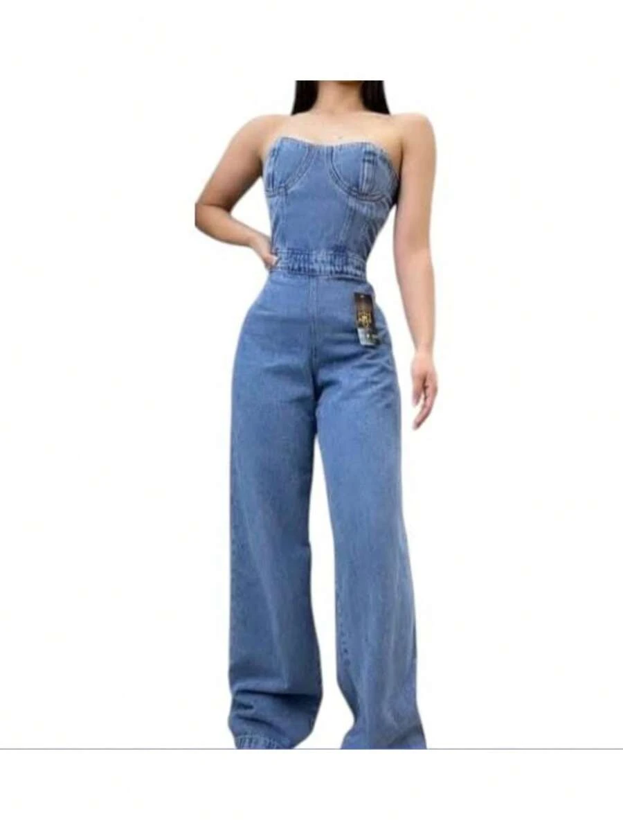 Enterizo de mezclilla sin mangas - Azul Marino - Ver 1