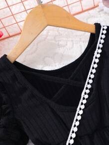 年轻女孩短袖泡泡纹理交叉背部连体衣带包 - 黑色 - 查看 7