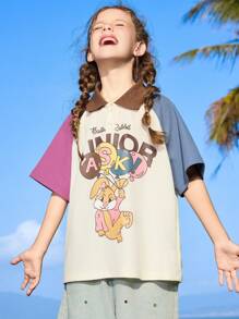 ASK JUNIOR Tween Girls Colorblock Sleeve & Collar, Graphic Print Short Sleeve T-Shirt, Summer Fashion - White - View 2