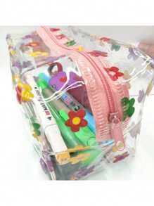 1 pieza Bolsa de cosméticos transparente y a prueba de agua con diseño de flor, bolsa transparente para bolígrafos, bolsa transparente para lápices, reutilizable y lavable, regalo pequeño y lindo, apropiado para cumpleaños, bodas, fiestas, Navidad, Halloween, Acción de Gracias, temporada de graduación, temporada escolar, 1 paquete de flores de color + 1 paquete de flores blancas, volver a la escuela, útiles escolares, estuche de lápices, bolsa de lápices, mochila escolar
