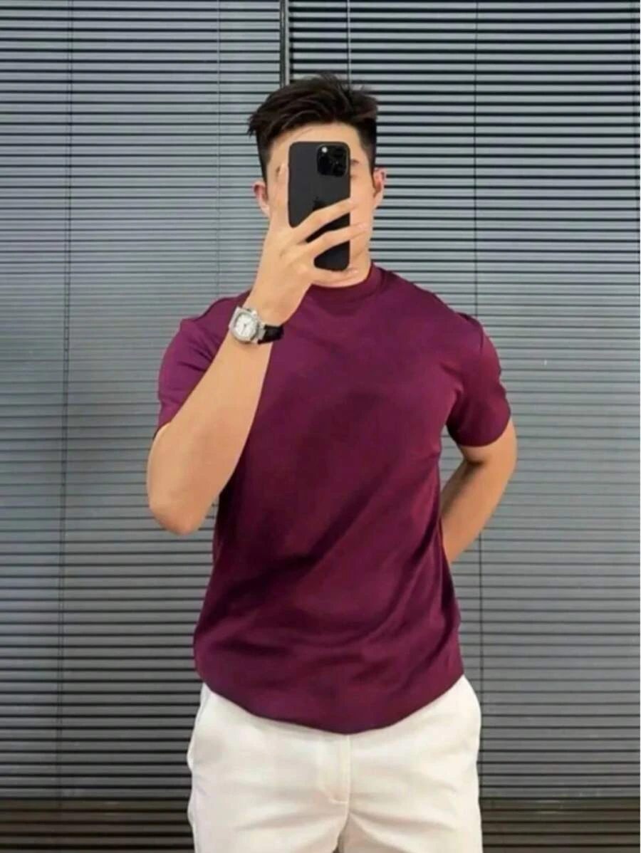 Plain Short Sleeve T-Shirt 100% Cotton Basic S-G3 - Burgundy - View 1