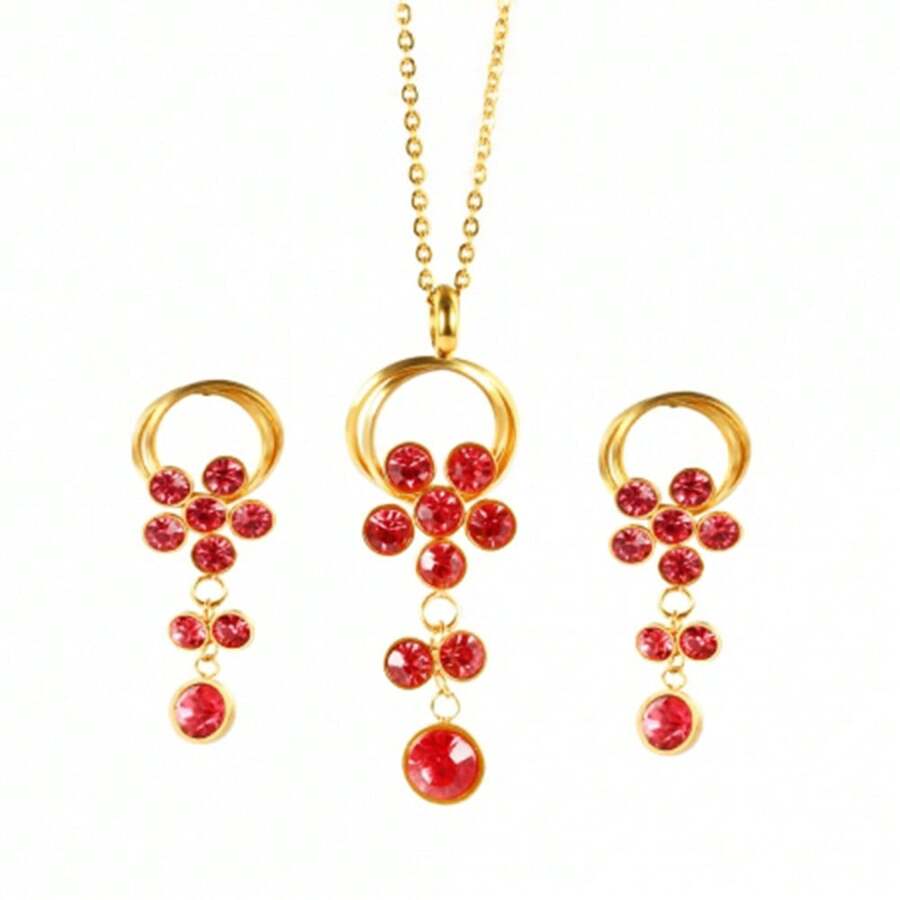 Rhinestone Flower Tassel Earrings & Necklace Set For Women, Fashionable Retro Elegant Versatile 2 Pieces Set - Hoop Tassel Pendant - View 1