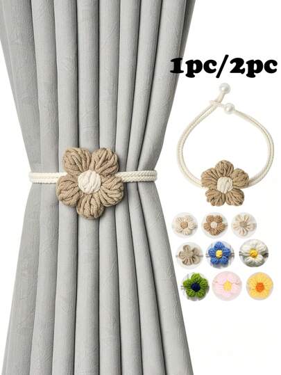 1 件/2 件编织可爱花朵装饰窗帘绑带，可调节夹子设计，多种颜色和尺寸可供选择，适用于窗帘装饰和固定
