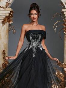 Women's Elegant Strapless Sequins Beads Black Formal Evening Gowns Dress, Beaded Gowns, Wedding Guest Dress Bridesmaid Dresses, For Dinner, Graduation, Festival, Homecoming, Wedding, Spring Summer Outfit, Party Dress, Formal Dress - Black - View 3