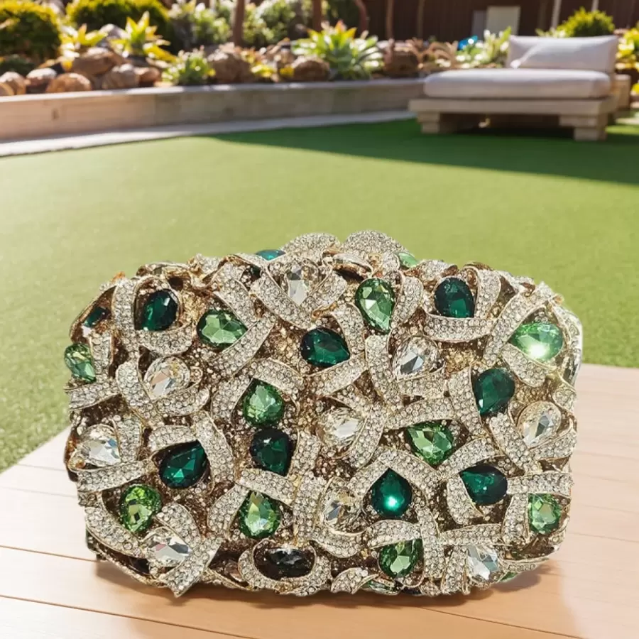 Sparkly Women Crystal Clutch Rhinestone Purse Diamond Evening Bag Bridal Evening Clutch For Prom Cocktail Party - Silver Green - 查看 1