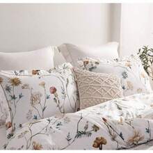 3-Piece King Size Cotton Comforter Set: 600 Thread Count, White With Blue & Blush Flower Print, Down Alternative Bedding (White Floral, King)