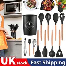 12pcs Silicone Kitchen Utensils Set With Holder - Heat Resistant, Wooden Handle,Nonstick Cookware Tongs Spatula Kitchen Set - Easy Clean, Best Kitchen Tools (Black) - Black - View 2