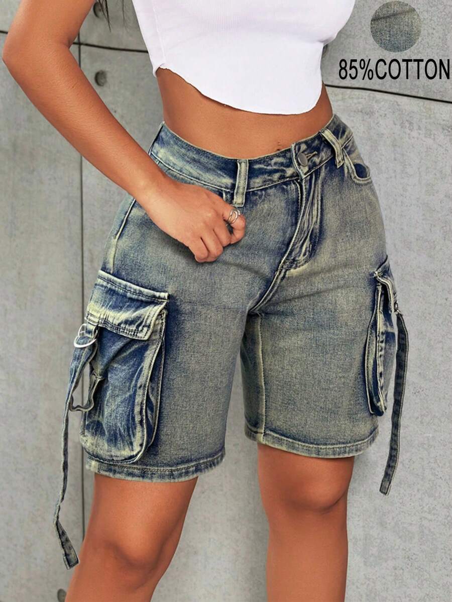 复古街头风中腰翻盖口袋系带工装阔腿牛仔短裤，舒适休闲夏季牛仔短裤 - 藍色 - 查看 1