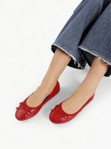 Women's Roll Up Flats, Bow Knot Ballet Flats For Women, Ladies' Foldable Round Toe Comfort Light Weight Slip-On Dress Shoes For Driving And Party And Wedding - Red - View 2